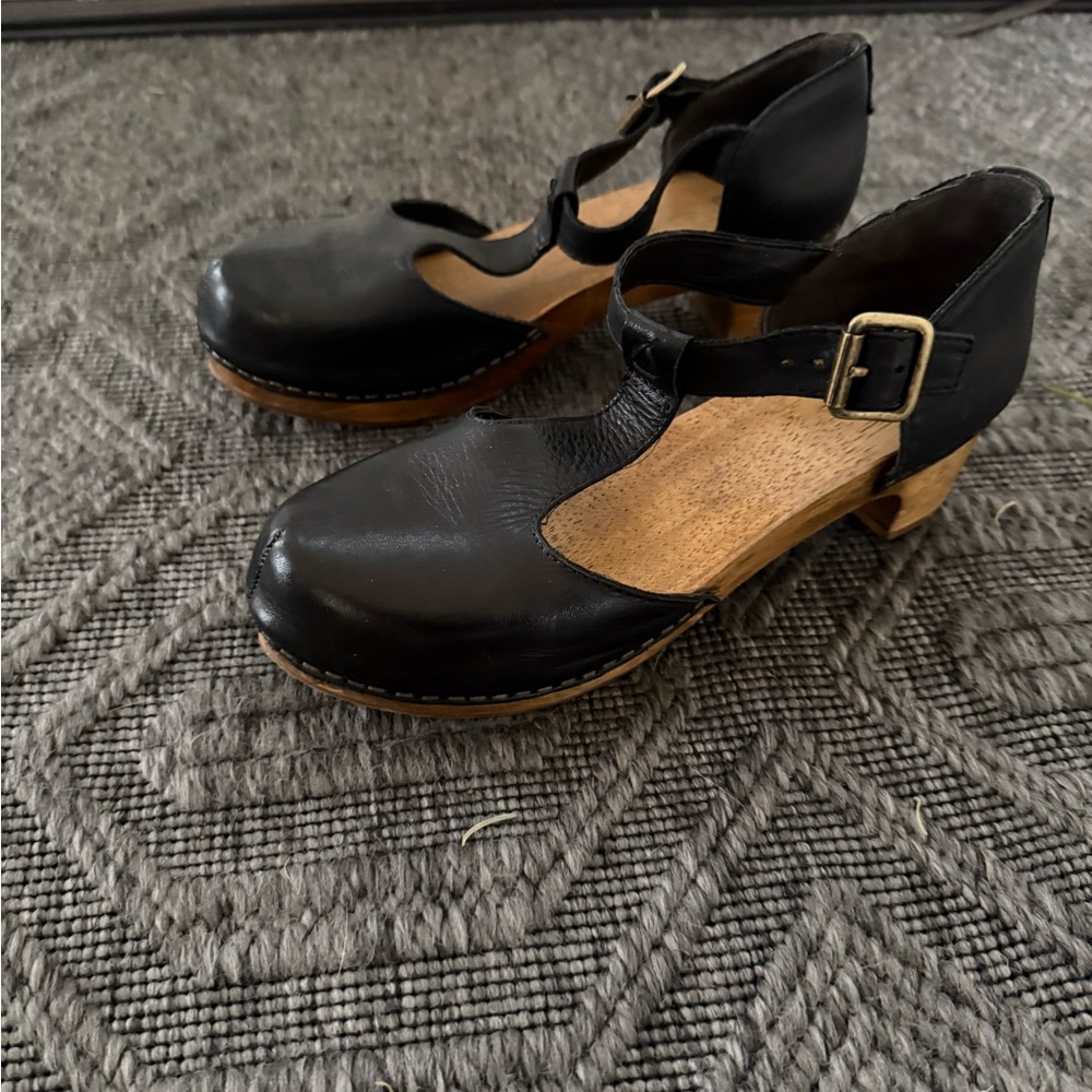 Black Leather KDB Mary Jane Wooden Clogs